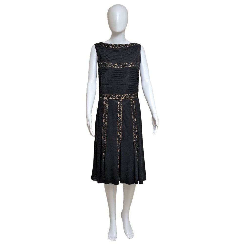 TADASHI SHOJI Black Lace Cocktail Dress w/ Pintucks and Bateau Neckline